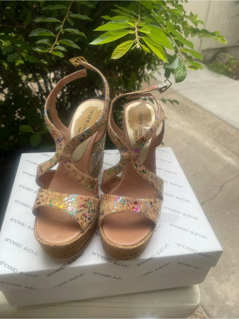 Andre Assous Pink Multicolor Glitter Jute Platform Sandals